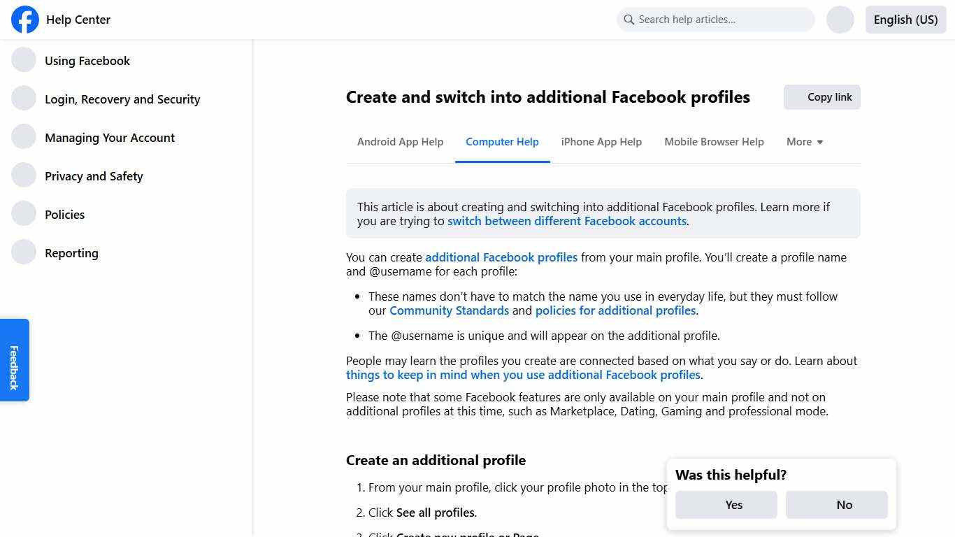 Create and switch into additional Facebook profiles Facebook Help Center